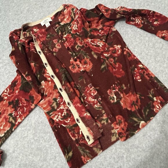 ANN TAYLOR LOFT PETITES L Petite Floral Cardigan Red Green Lightweight Knit - Picture 7 of 9